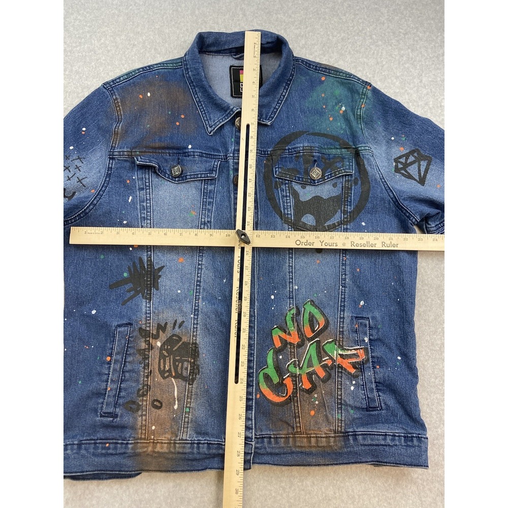 Demo Lition Jacket Mens XL Blue Denim Graffiti Biker NO CAP HUSTLE Art Street - Picture 9 of 16